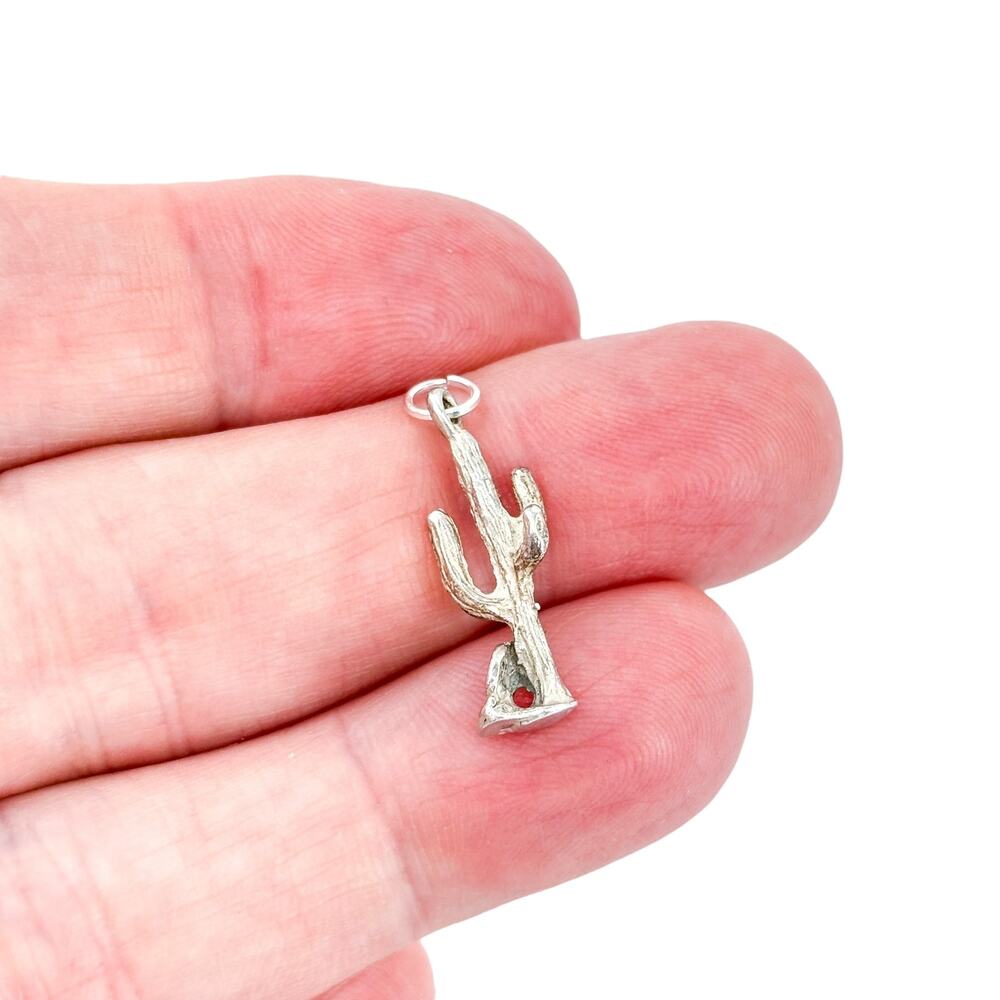 Estate Silver Cactus Charm with Red Accent
